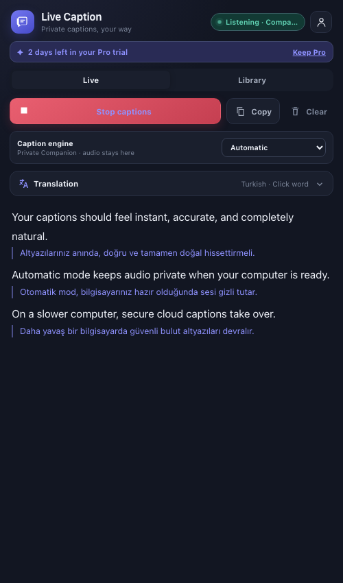 Live Caption Chrome sidebar showing live English captions with Turkish translations